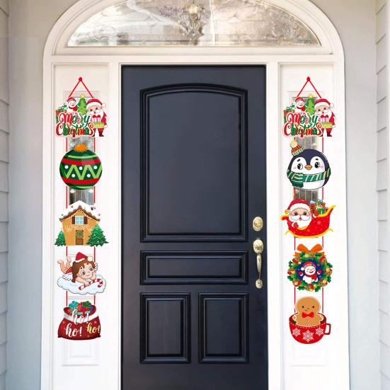 1 Pair Christmas Door Decoration Merry Christmas Hanging Sign Cartoon Santa Claus Snowman Holiday Decor for Home Wall Front Door