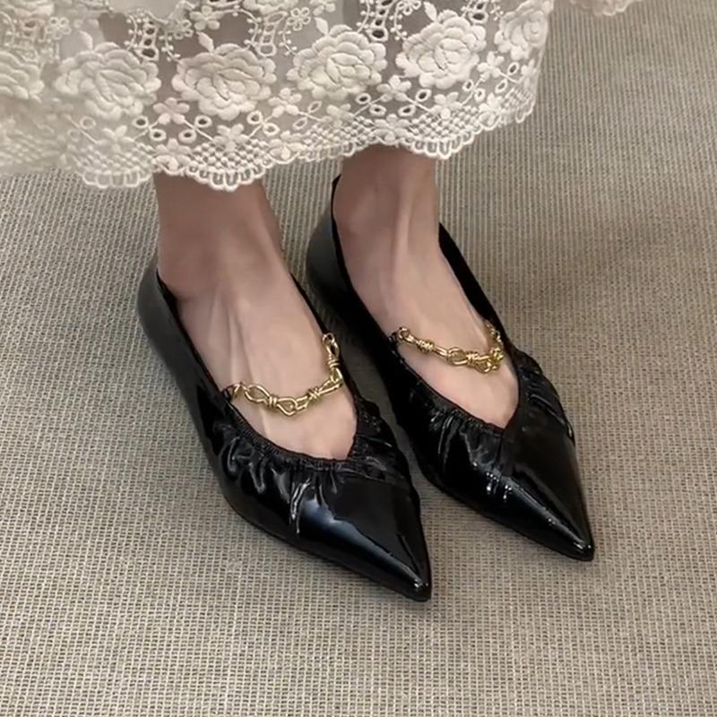Sheepskin version pointed shoes pleated flat bottom beautiful single shoes women's metal chain temperament Mary Jane grandma shoes
