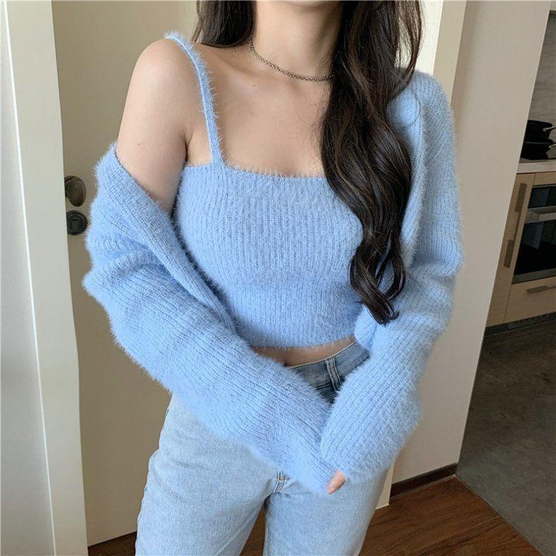 Mink-Like Camisole & Cardigan Two-Piece Set - Women's Knitted Solid Color Sweater