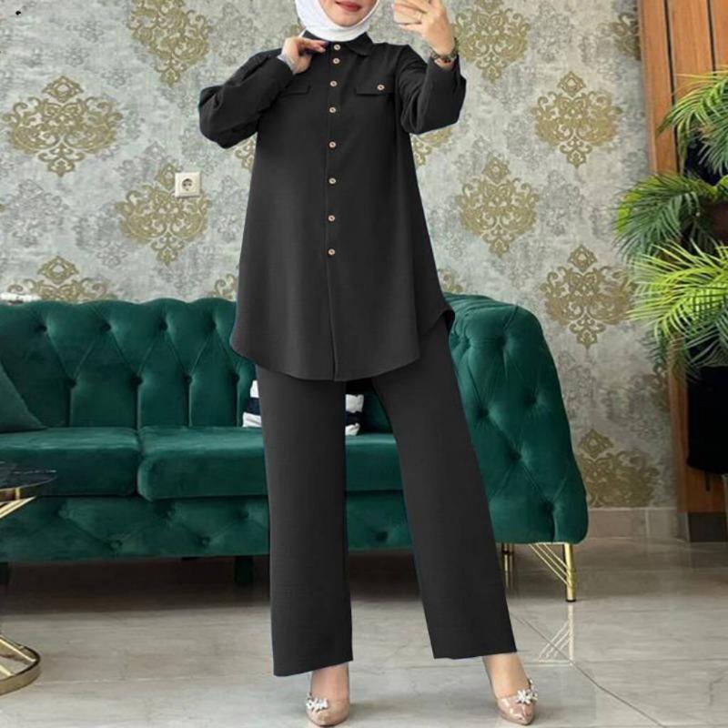 Muslim women's clothing spring and summer lapel collar long-sleeved bag cover shirt trousers set first-hand supply is comfortable