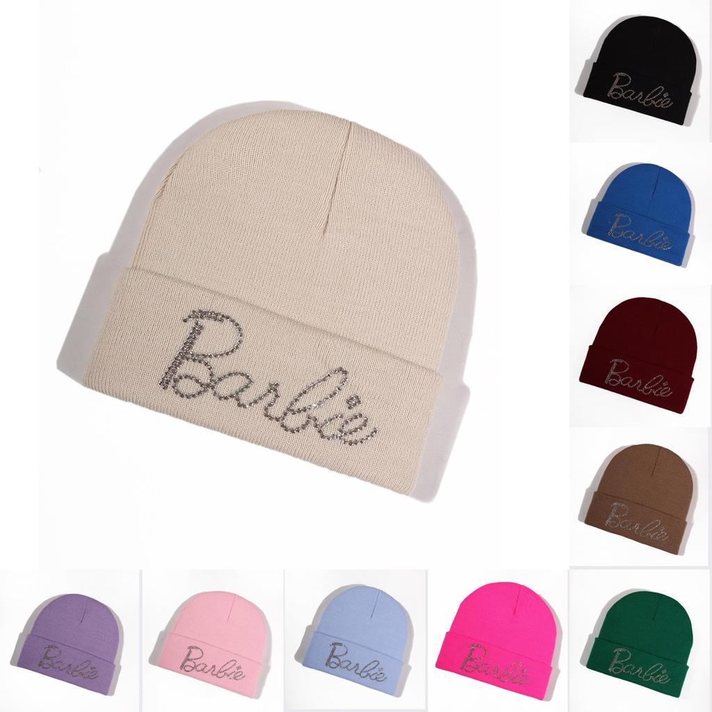 Solid Fashionable Color Knitted Hat With Alphabet Rhinestone Decor For Daily