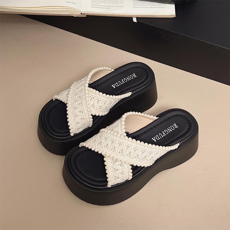 Small Height Increase Thick Bottom Cross Fashion Woven Slippers Women's Summer Wear Casual Vacation Seaside Beach Cool Slippers