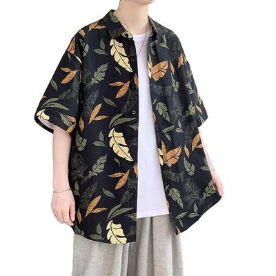 Trysimple Casual Aloha Summer Short Sleeve Shirt with Leaf Open Half and Design Men's Shirt, Print, Collar, Sleeves, Figure-Flattering (3XL, Black)