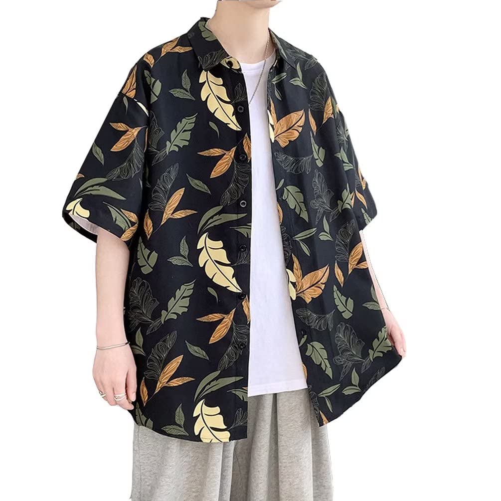 Trysimple Casual Aloha Summer Short Sleeve Shirt with Leaf Open Half and Design Men's Shirt, Print, Collar, Sleeves, Figure-Flattering (3XL, Black)