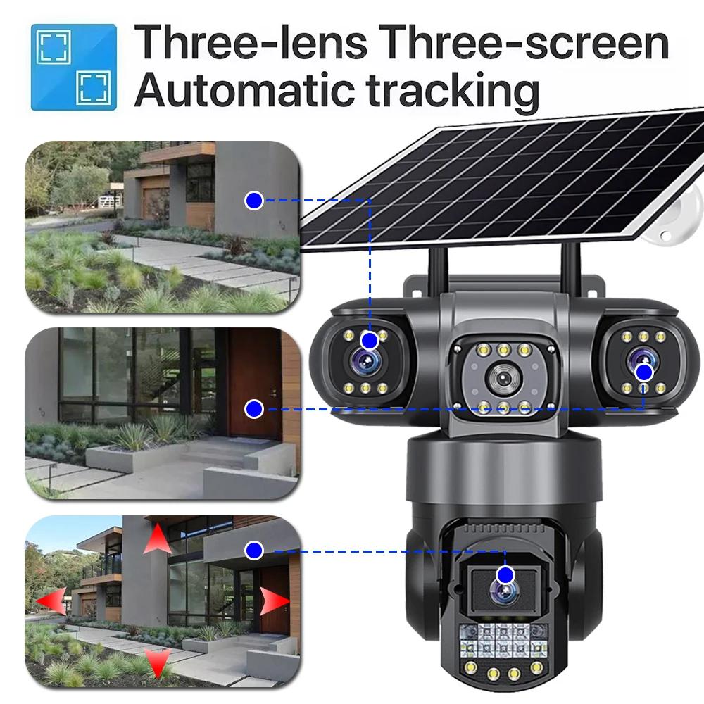 4G True Three-eye Three-lens Monitor with Night Vision and All-day Recording, Low Power Consumption Home AOV Solar Camera