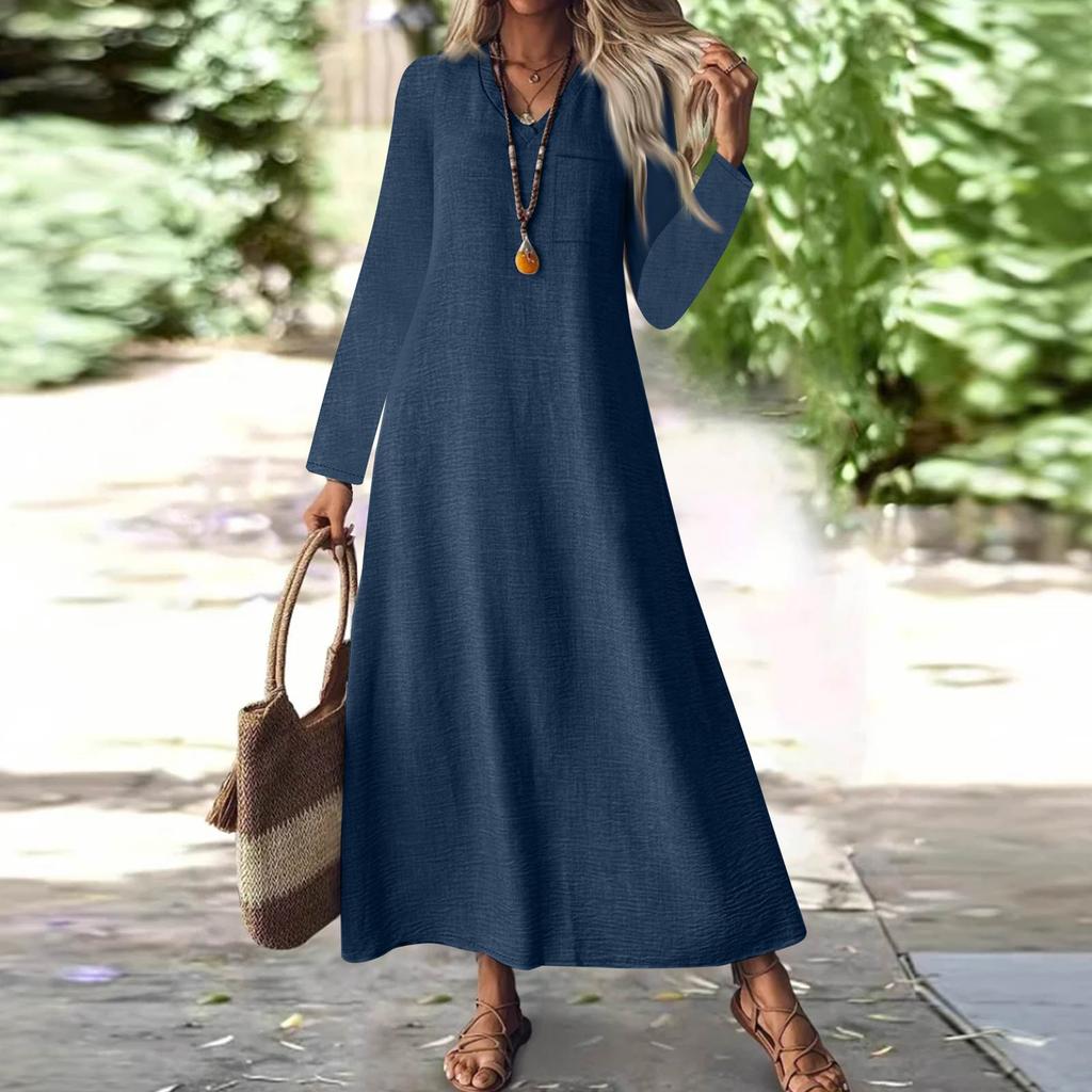 Women's Fashion V-Neck Long Sleeve Pocket Solid Color Zipper Casual Vacation Long Cotton Linen Dresses