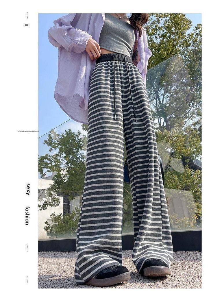 High-Waist Retro Striped Wide-Leg Pants with Drawstring - Women's Casual Floor-Length Knit for Autumn and Spring