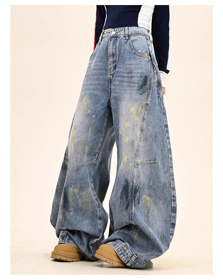 High Street Retro Tie-Dye Wide Leg Jeans for Women - Autumn Floor-Length Wasteland Style M