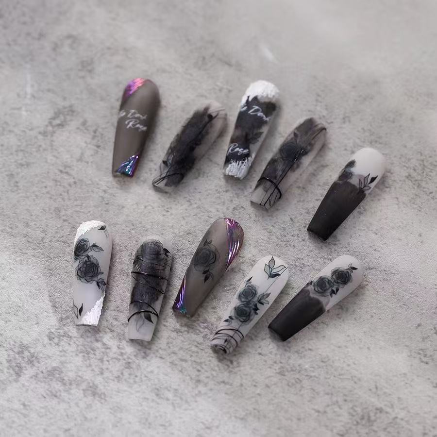 Black and White Translucent Rose Flower Manicure Sticker Waterproof Glue Nail Sticker DI Decorative Appliqué Ornament Sticker
