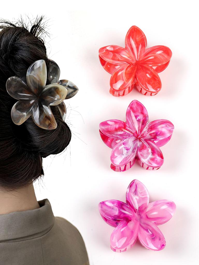 3 Pcs Hawaiian Flower Hair Claw Clips for Thick Hair,Non Slip Marble Vein Plumeria Flower Hair Pins for Women Beach Vacation