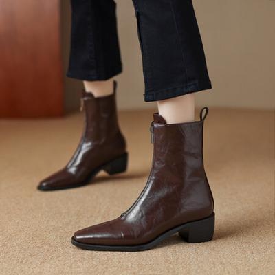 New Women's Large-size Fashion Boots, Rubber Sole Leather Surface, Medium Heel, Medium Tube Boots, Autumn and Winter Square Heel Korean Version O