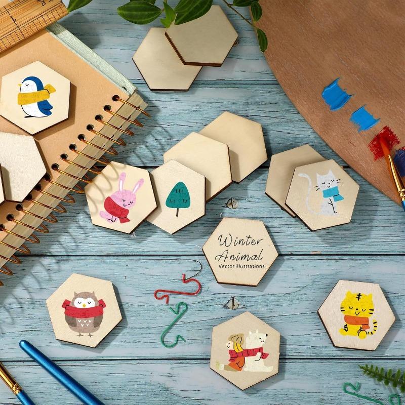 50PCS 4CM Unfinished Wood Hexagon Pieces Wooden Hexagon Cutouts Blank Hexagon Slices Wooden Chips Embellishments for DIY Crafts