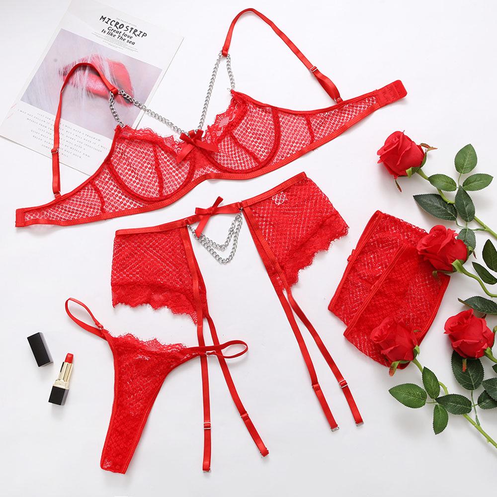 European & American Lace Mesh See-Through 4-Piece Lingerie Set for Women