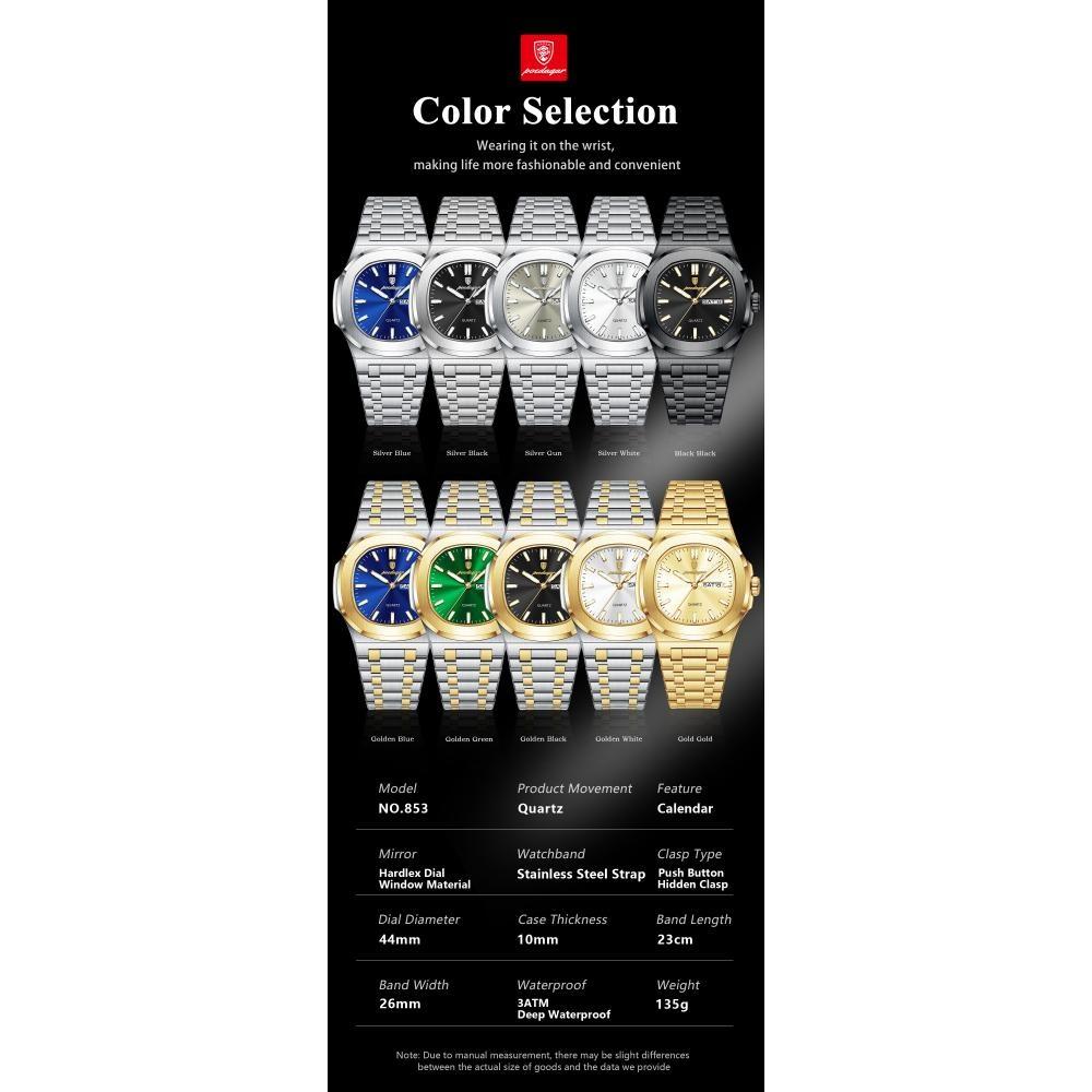 Luxury Square Men's Watches Waterproof Luminous Date Week Men Watch Stainless Steel Fashion Quartz Wristwatch