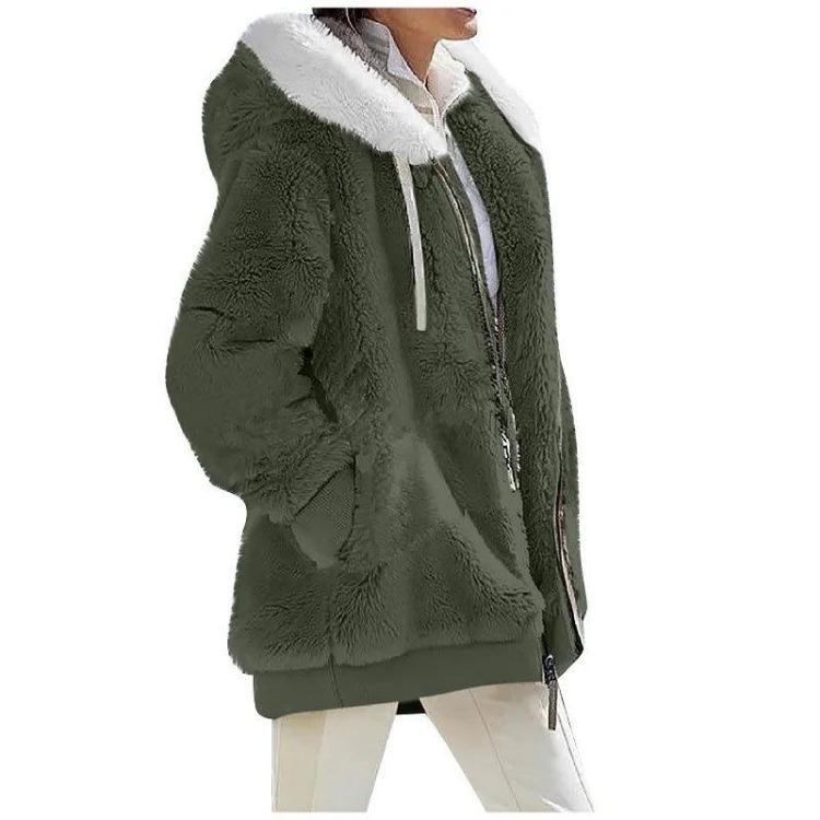 Giacca Casual da Donna in Pile con Cappuccio Cappotto Monocolore Caldo Cappotti in Cashmere Giacca con Zip Moda Abbigliamento Donna Autunno Inverno