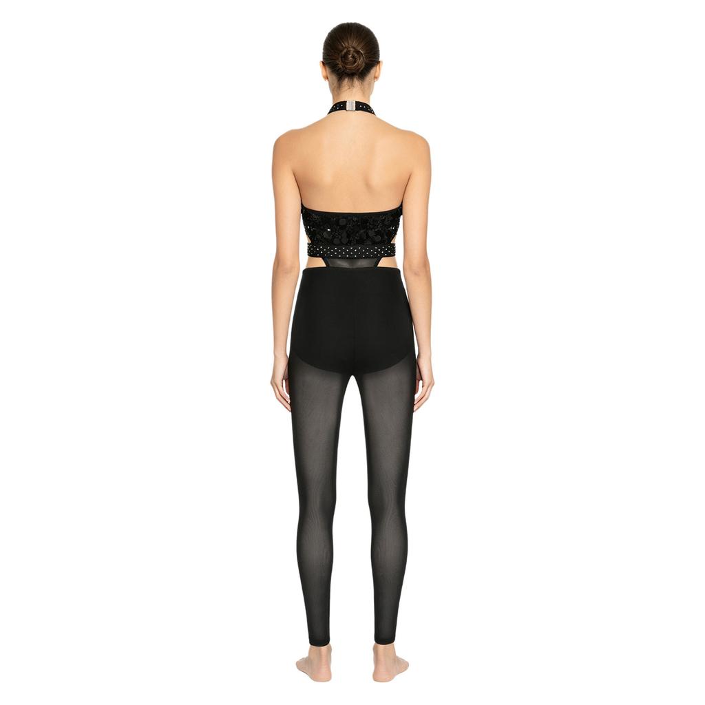 Women Gymnastics Unitard Halter Backless Sequin Bodice Hollow Out Waist Sheer Mesh Leggings Built-in Briefs Rompers Jumpsuit for Competition Stage
