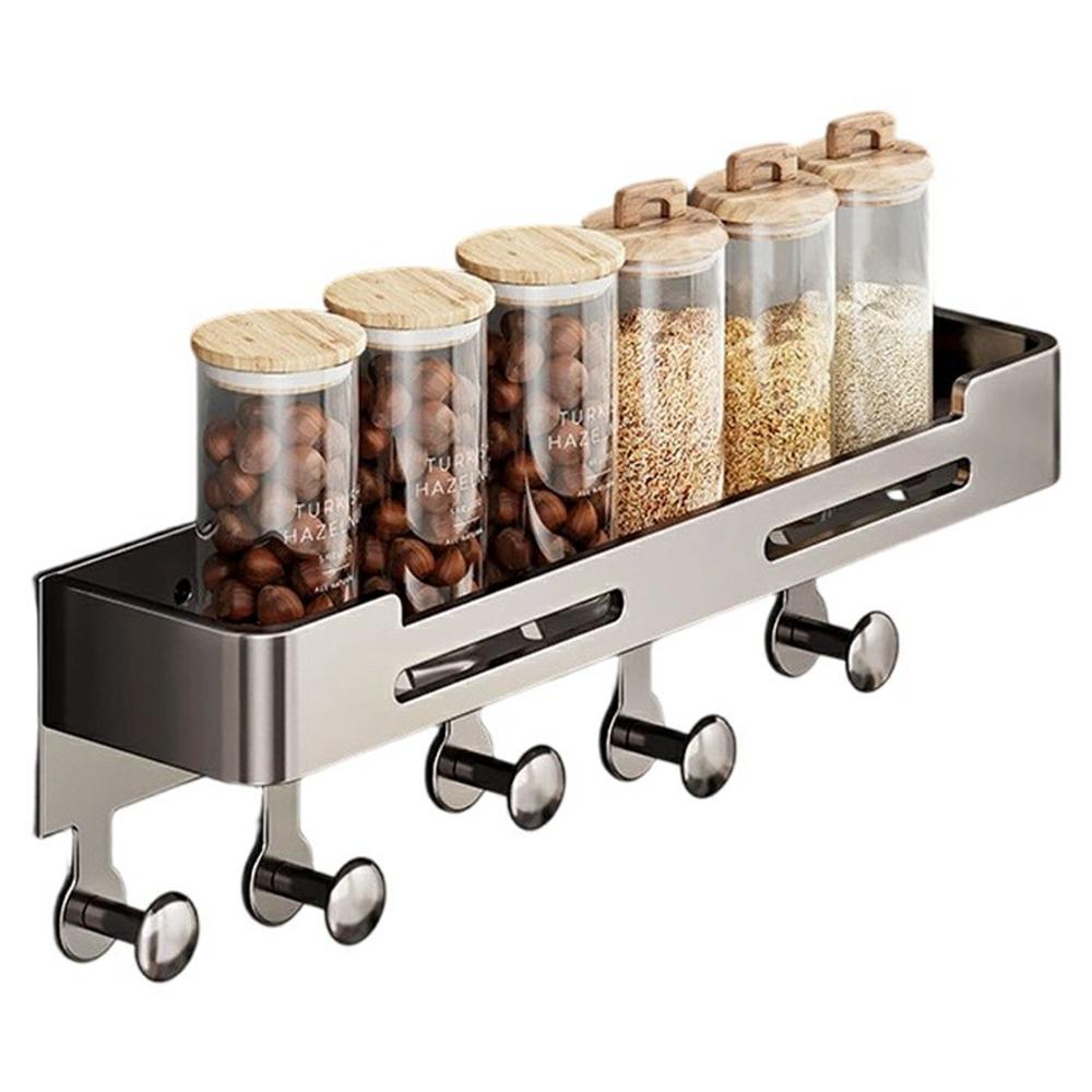 Magnetic Spice Rack for Refrigerator Carbon Steel Seasoning Shelf with 5 Hooks