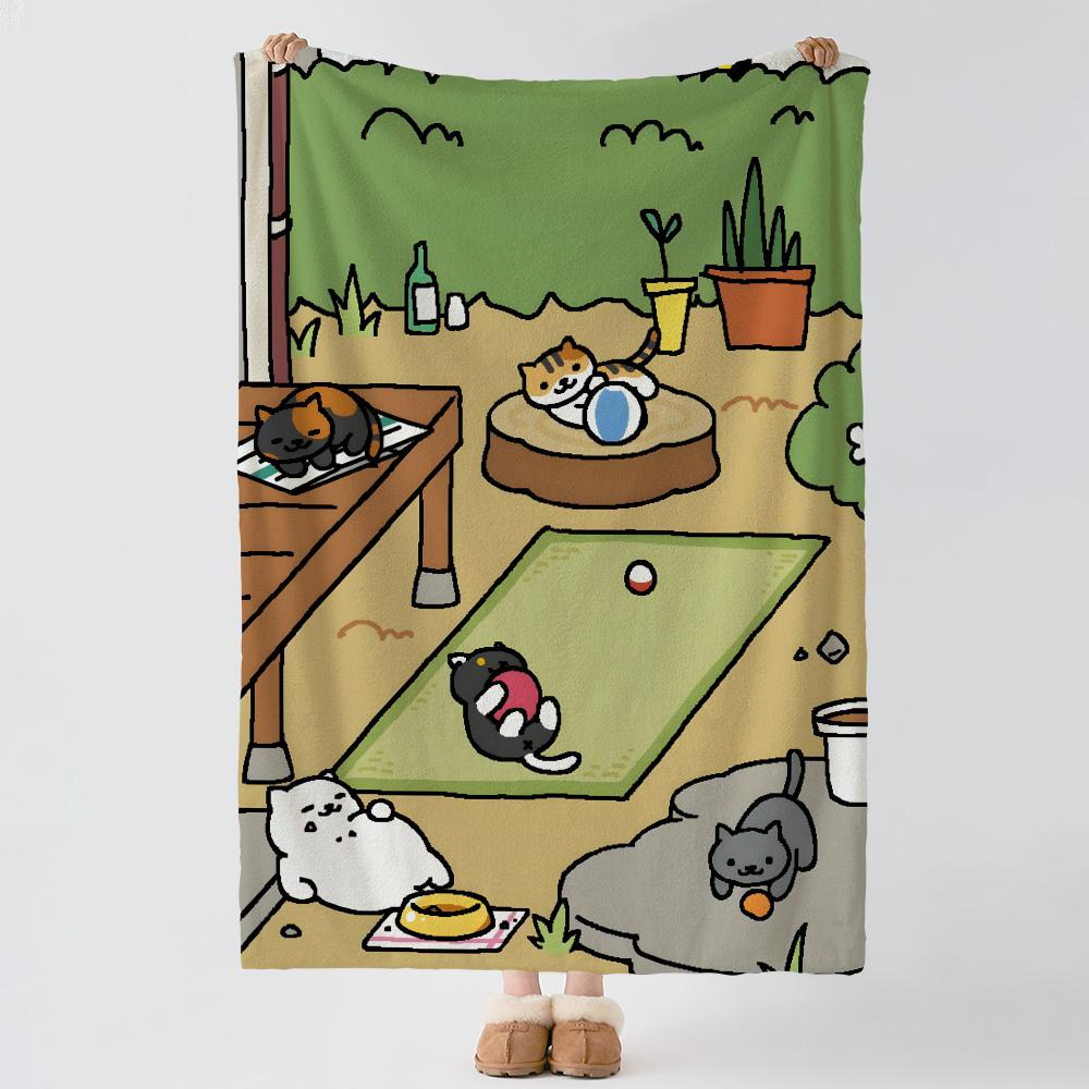 Game N-Neko Atsume-e Throw Thick Comfort Flannel Quilt, Multi-scene Use Indoor Outdoor Daily Nap