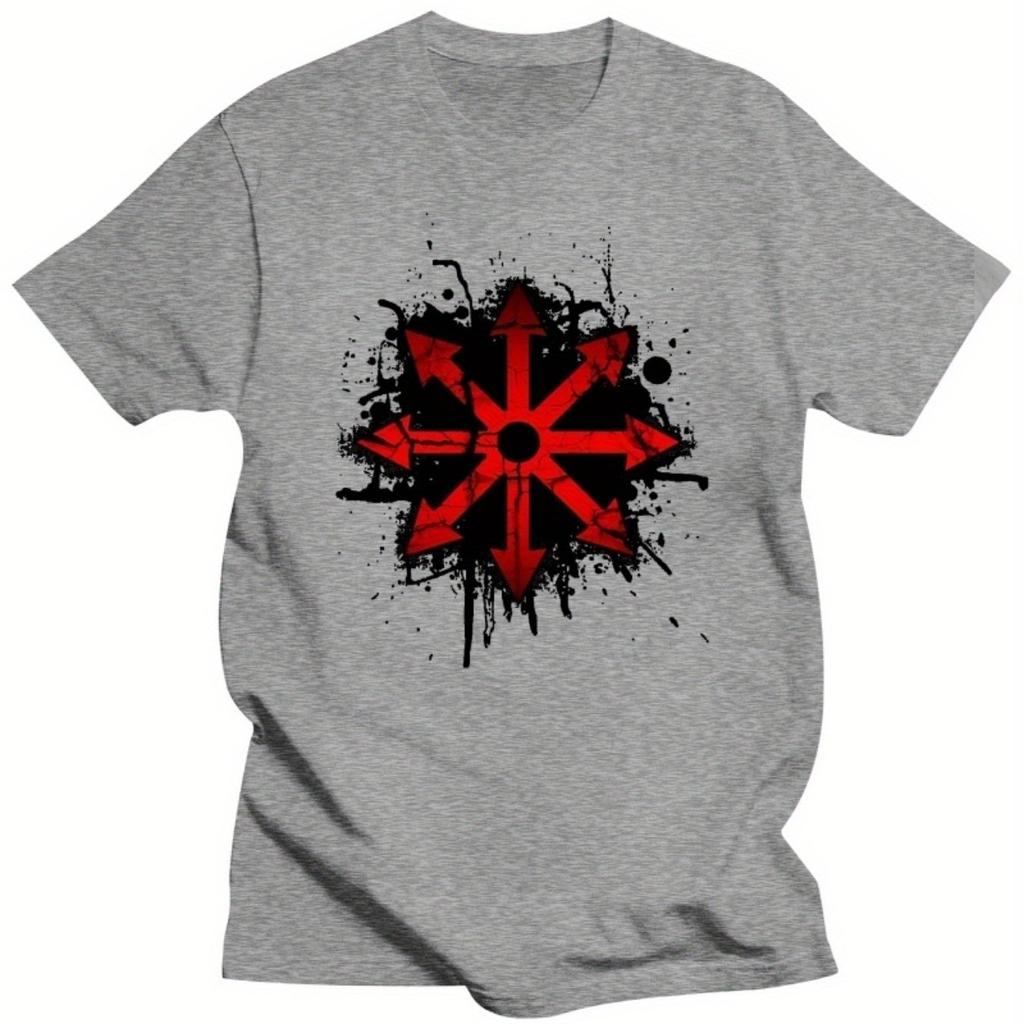 Men Cotton T-Shirt in Black with Red Chaos Star Design Festive Tee Men Clothing Comfortable