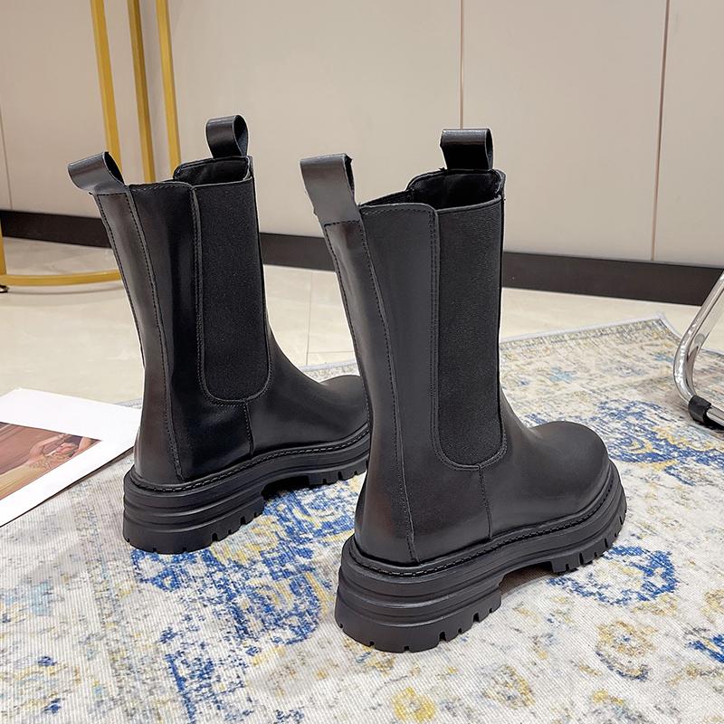 Neu Classics Chelsea Boots Damen Schwarz Stiefeletten Ankle Schuhe Hoch Echtes Leder Plateau Kurze Stiefel Slip on Gummiband