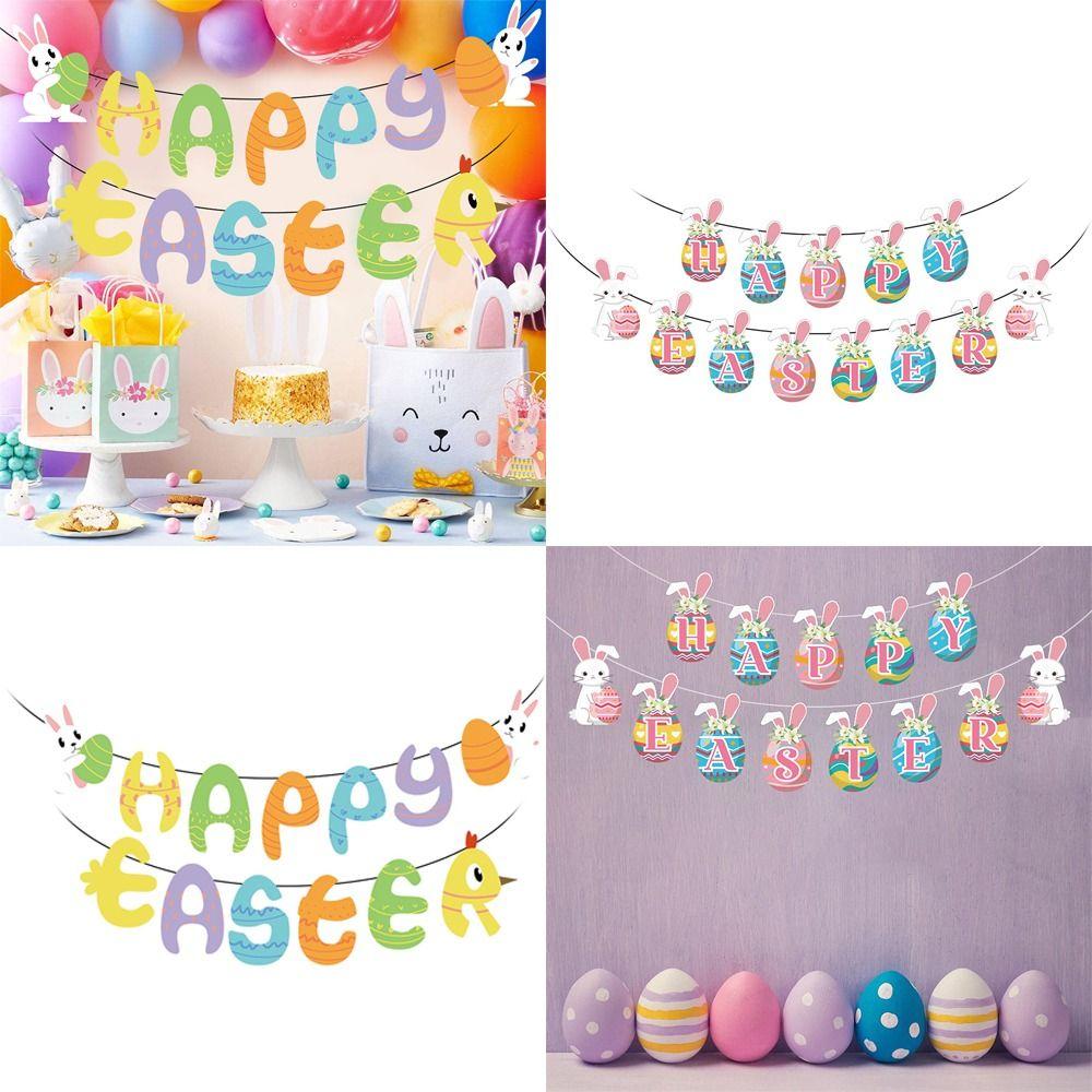 DIY 3m Happy Easter Banner Garland Colorful Eggs Hanging Flag Swirls Bunny Eggs Wall Hanging Easter Festival Bunting Party
