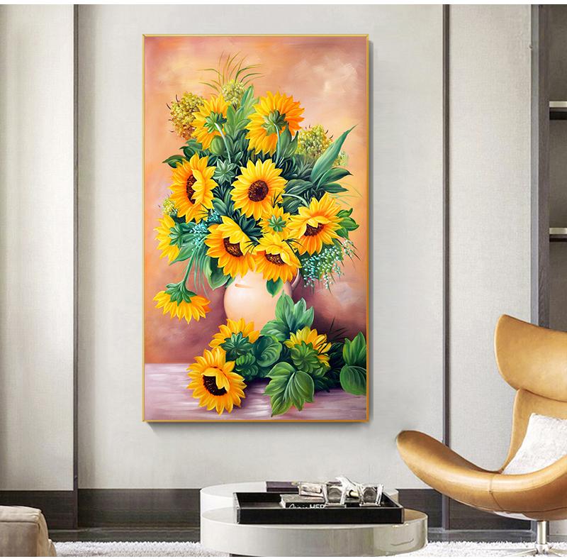 Amerikansk Stil Gullblomst Maleri Veggkunst Lerret Solsikkebilde Stue Lerretsplakat Trykk for Soverom Kunsttrykk Uten Ramme