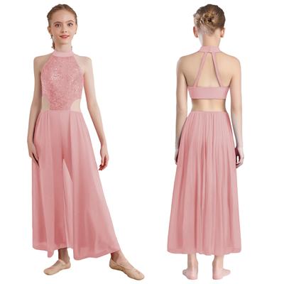Mädchen Glänzende Pailletten Neckholder Ärmellos Rückenfrei Jumpsuit mit Rock Latein Tanz Performance Kostüm