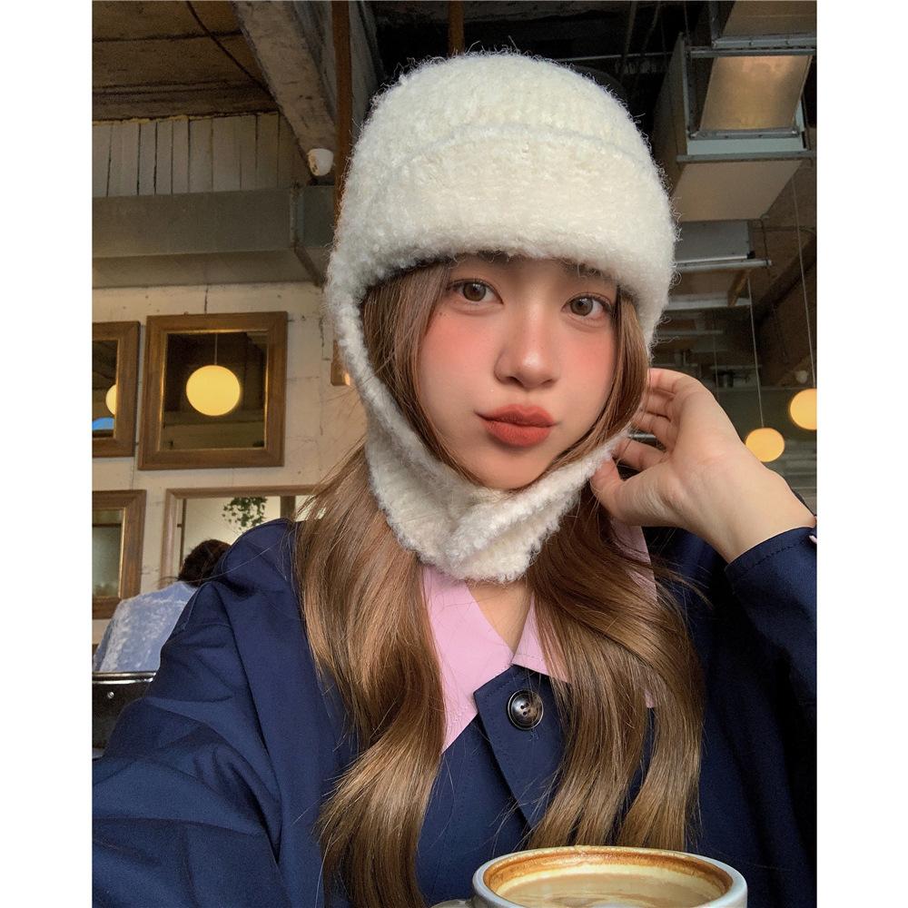 Knitted Looped Wool Cute Flying Hat for Women Winter White Ear Protection Warm Wool Lei Feng Hat