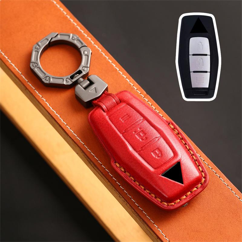 Leather Car Key Case Fob Cover Shell Keychain for Mitsubishi Outlander 2023 2/3 Bottons Car Smart Remote Key Holder Accessories