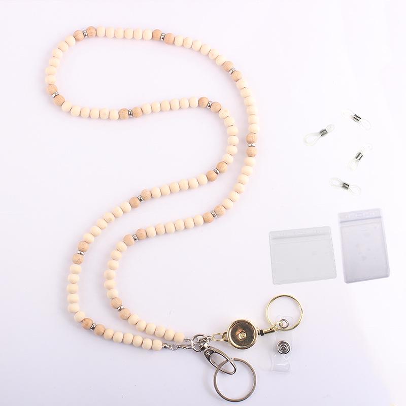 Unisex Stretchable Wooden Bead ID Necklace with Easy-Pull Key Chain
