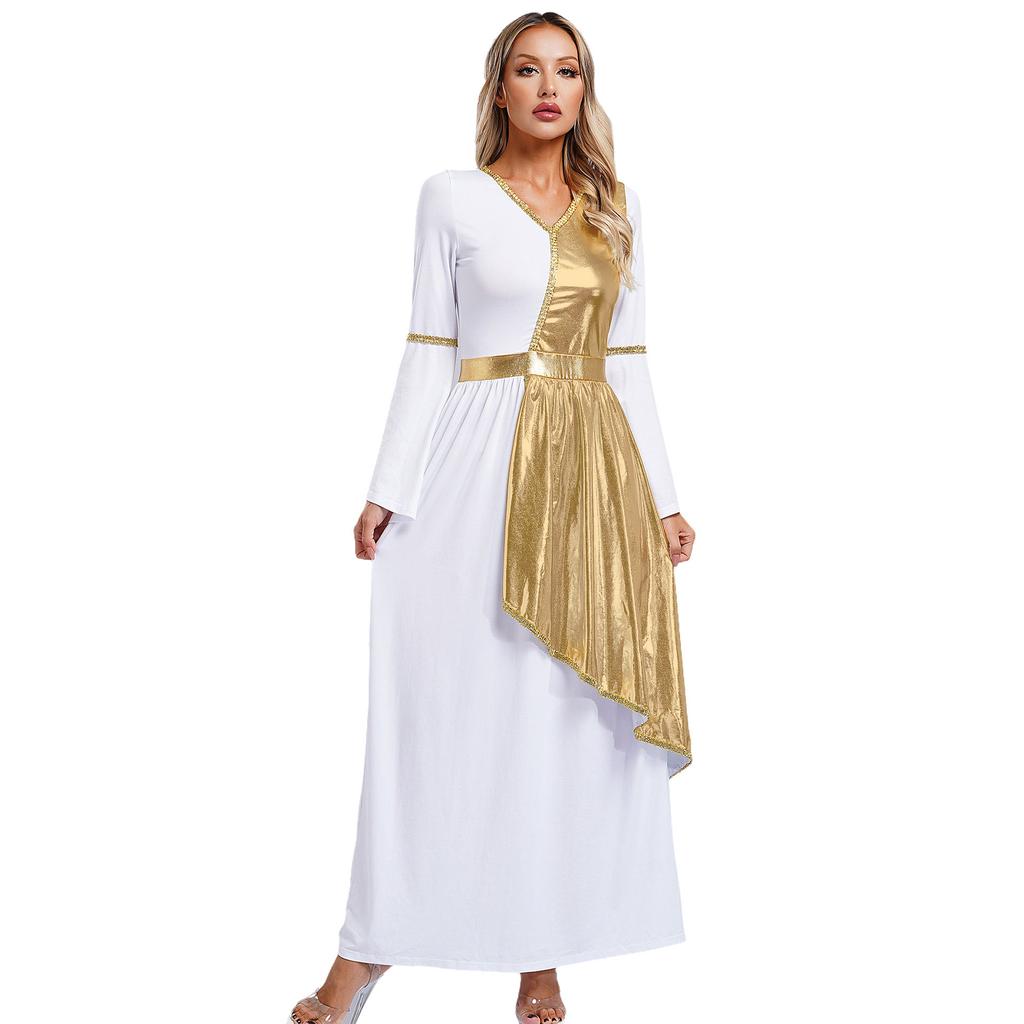 Damen Römische Griechische Schönheit Toga Kleid V-Ausschnitt Trompetenärmel Metallisch Glänzendes Overlay Goldene Borte Robe Halloween Kostüm