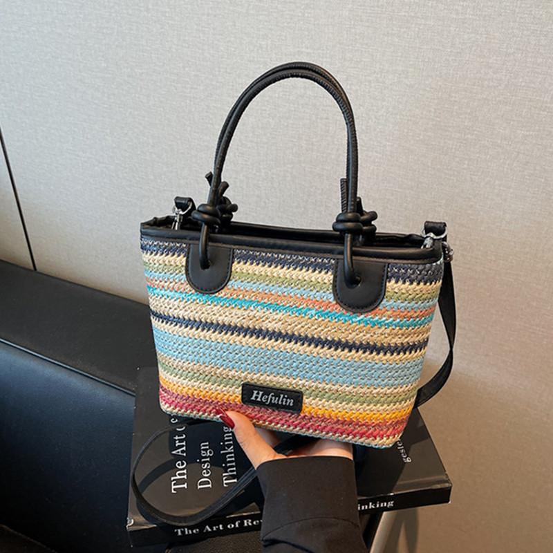 2025 New Fashion Women Summer Boho Woven Rainbow Straw Beach Handbags New Brand Trendy Vacation Tote Bag Crossbody Shoulder Bag