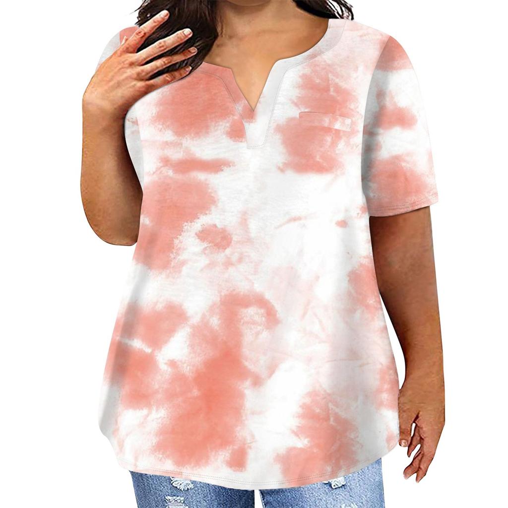 T-shirt décontracté à manches courtes et col en V pour femme, grande taille, imprimé tie-dye, avec poches