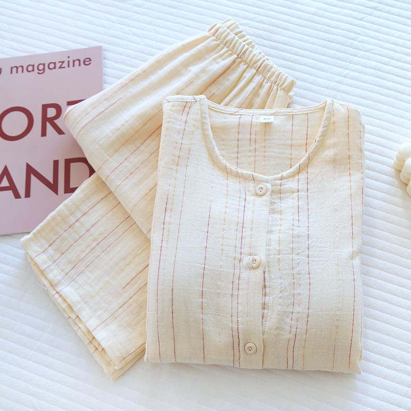 2025 New Spring/Summer Women's Pajama Set 100% Cotton with Chest Mat Long Sleeve Long Pants Round Neck Two Piece Home Clothes