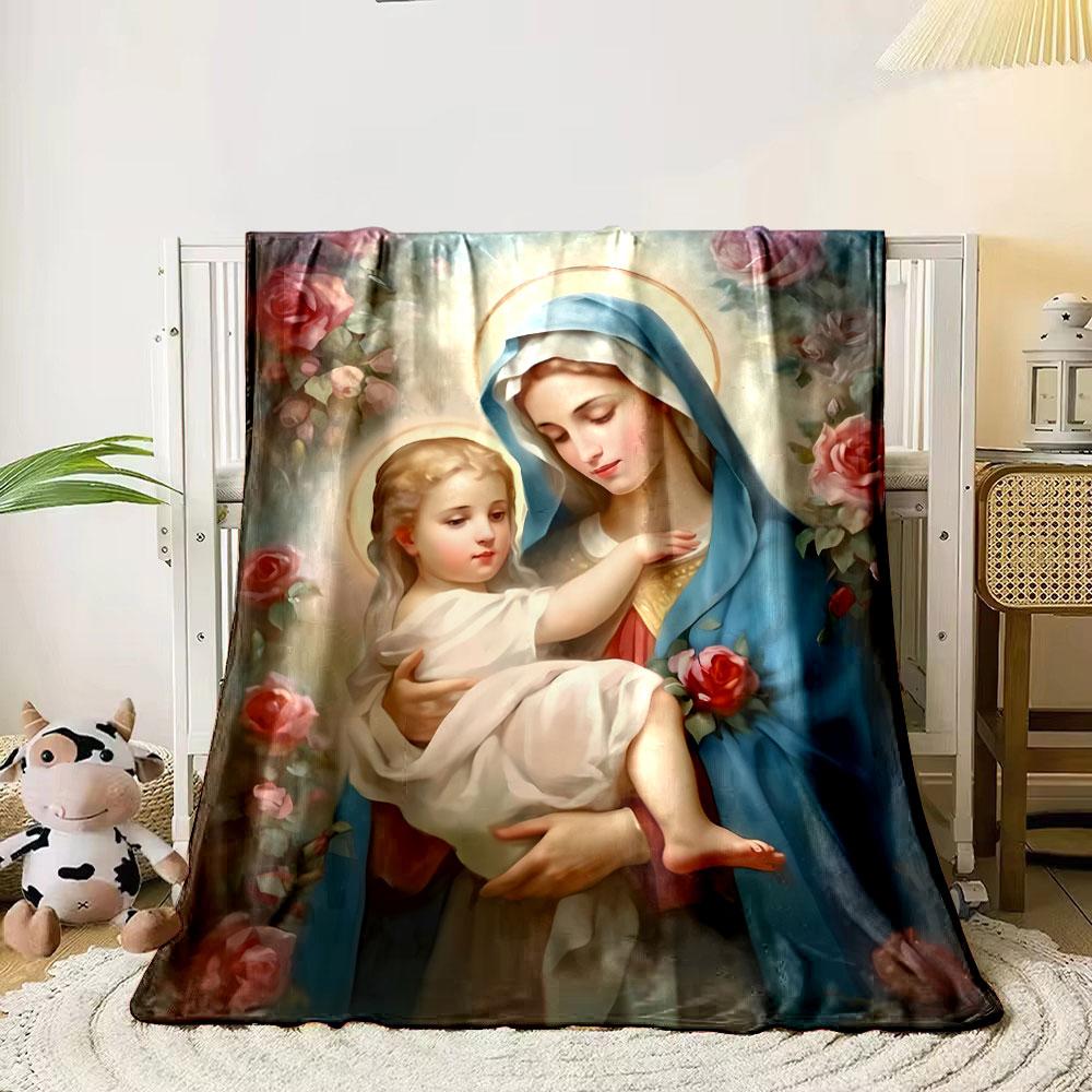 Virgin Mary Baby Jesus Roses Blanket  Printed Blanket for Living Room Bed Couch Lunch Break Soft Cozy Blanket for Friend's Festival Gift