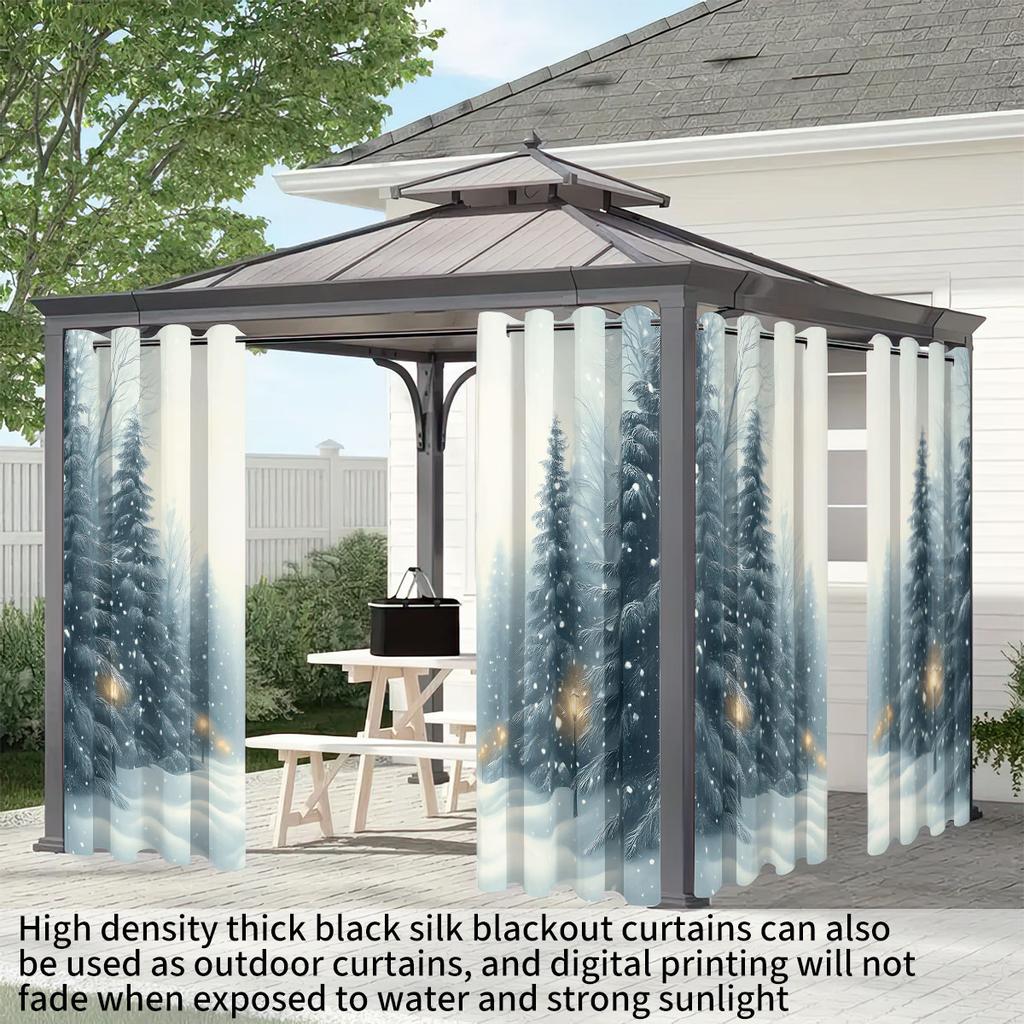 Set Of 2 Winter Christmas Snowy Forest Printed Shade Curtains Insulation Multi Size Living Room Holiday Decoration Curtain Polyester Machine Washable