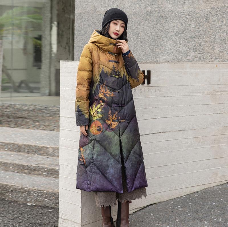 Casaco longo de inverno feminino com estampa de pato branco para baixo feminino novo casaco com capuz