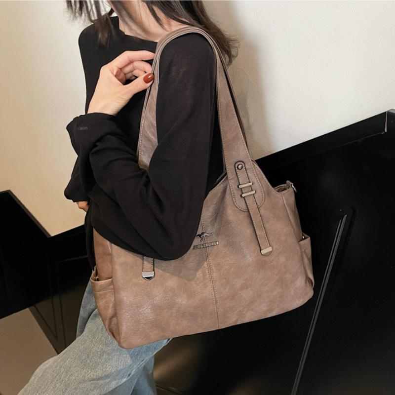 Women Retro Soft Leather Tote Bag Large Capacity Shoulder Handbag Vintage Multi-Pocket Work Shopping Crossdbody Bags