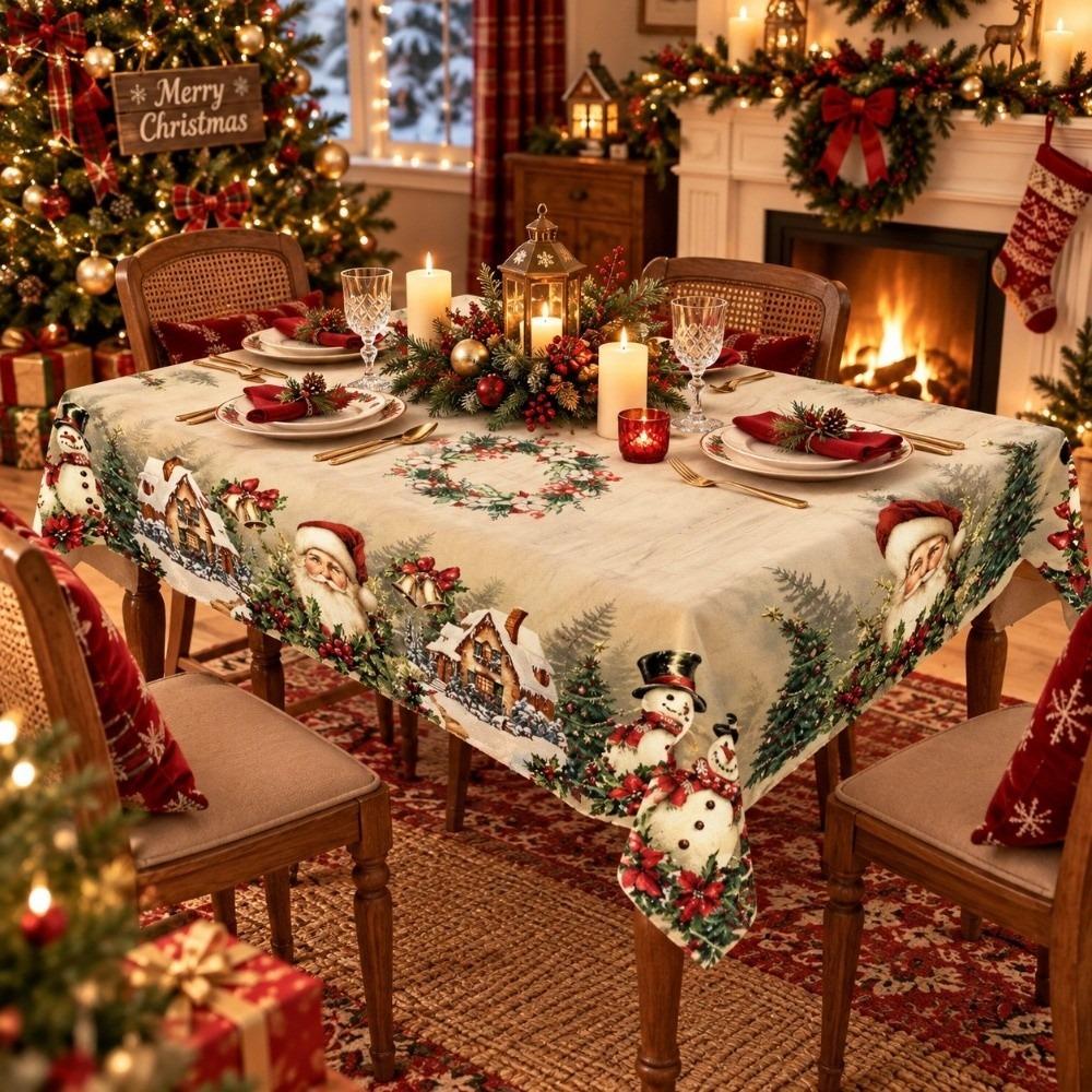 Waterproof Snowman Poinsettia Tablecloth Oil-proof Christmas Table Cover Dinner Table
