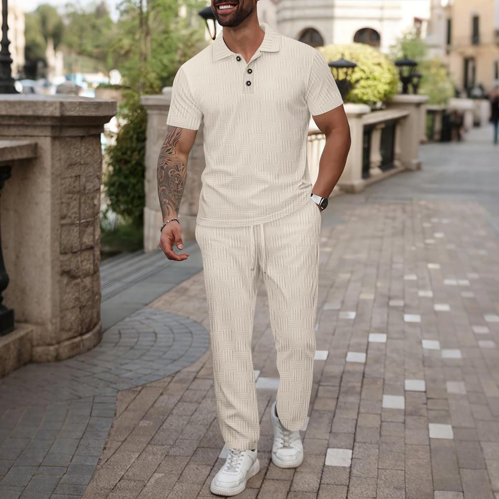 Herren Sommer Jacquard Poloshirt & Lange Hose Freizeit Set