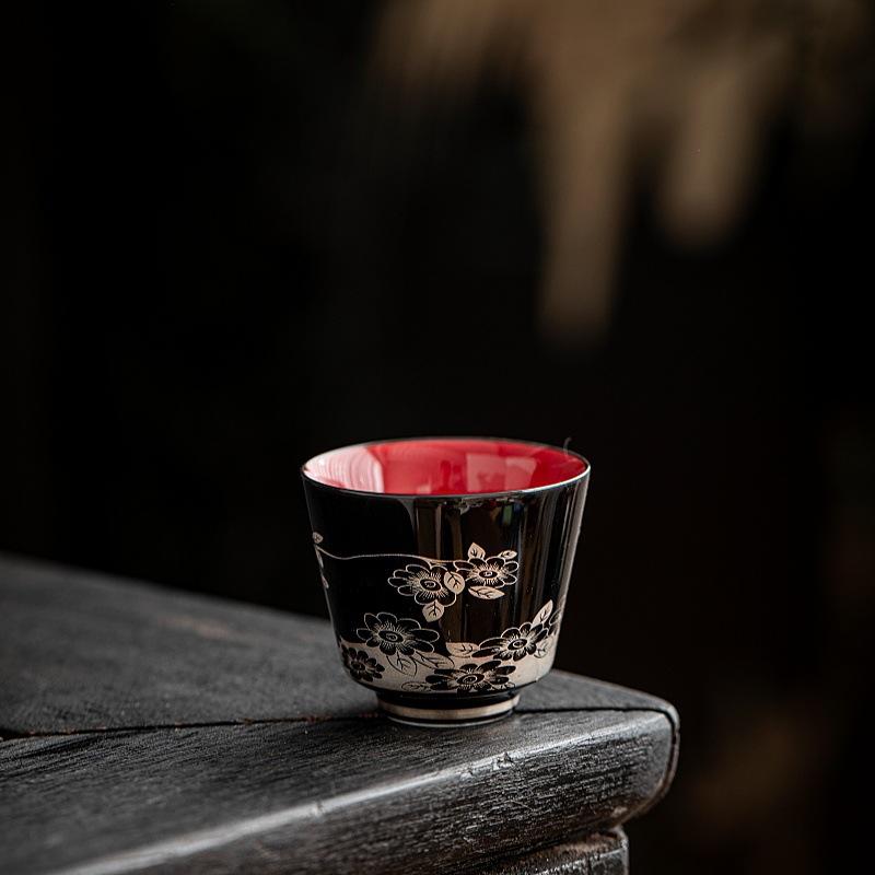 Ceramic teacup high value master cup black glaze silver pattern tea set tea cup high-end household hospitality kung fu small teacup