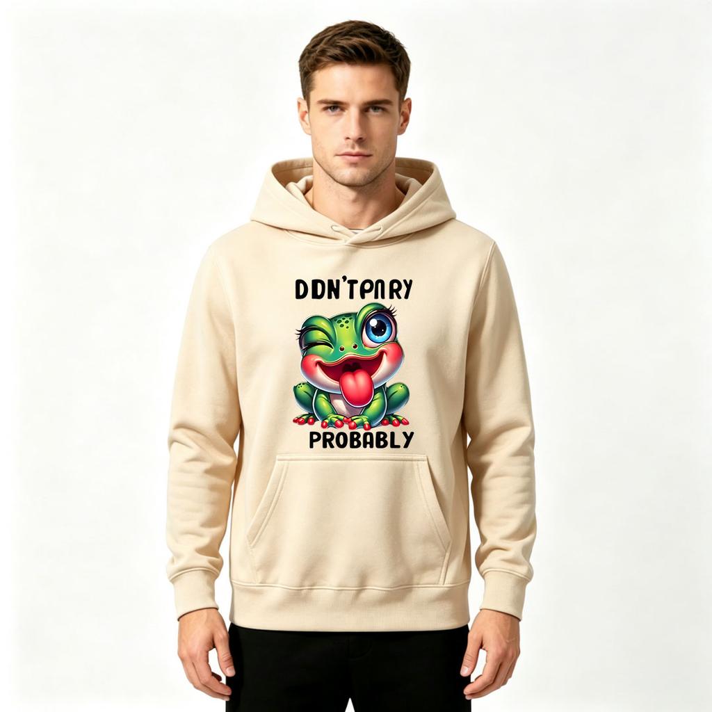 Men Funny Frog Don't Try Probably Print Long Sleeve Pullover Hoodie Casual Comfy Streetwear Hooded Sweatshirt