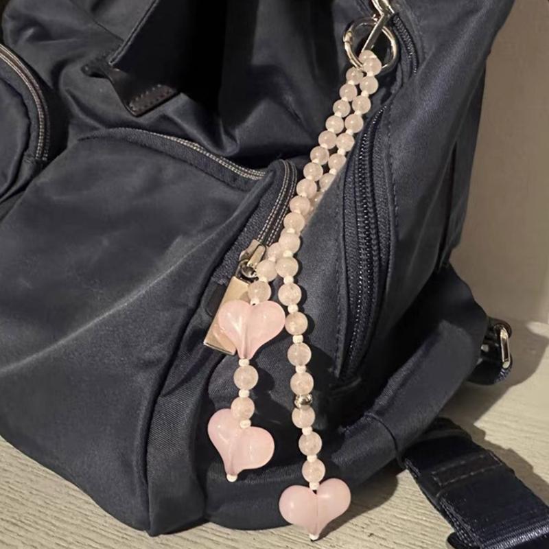 Heart Shaped Striped Pendant Keychain Delicate Pink Heart Adjustable Hanging Decoration For Keys And Mobile Devices