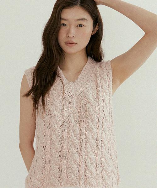 Lingseoul Cable Cotton Blended Knit Vest-Pink