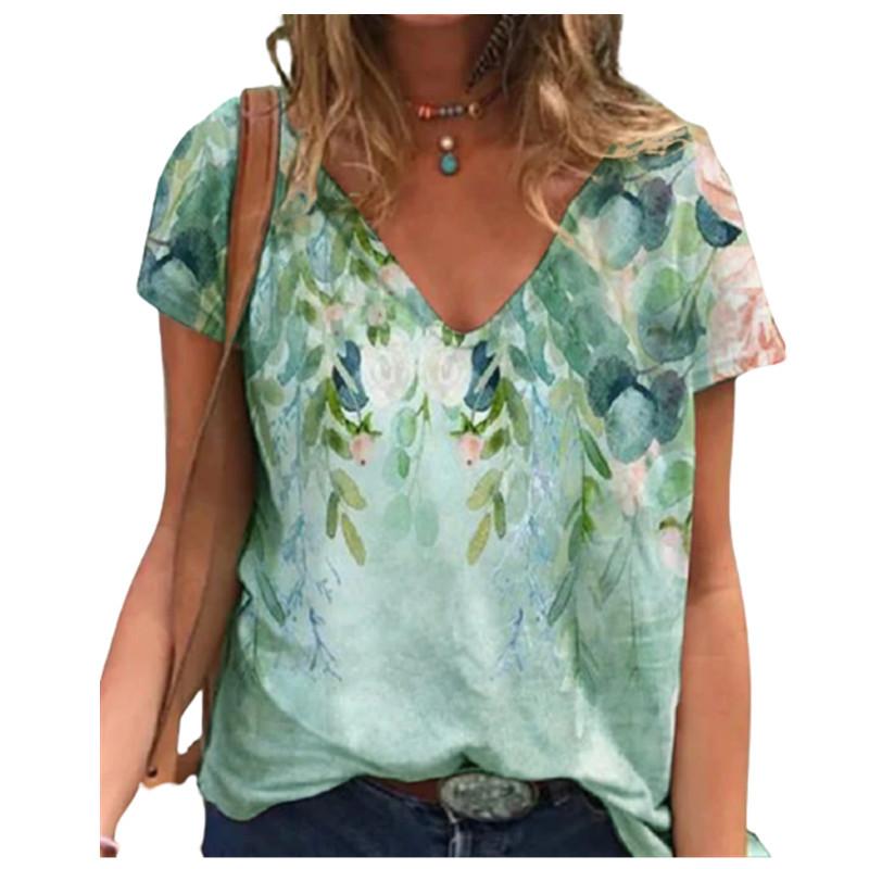 Women's Summer Trend Top Printed V-neck Fashion Short Sleeved T-shirt