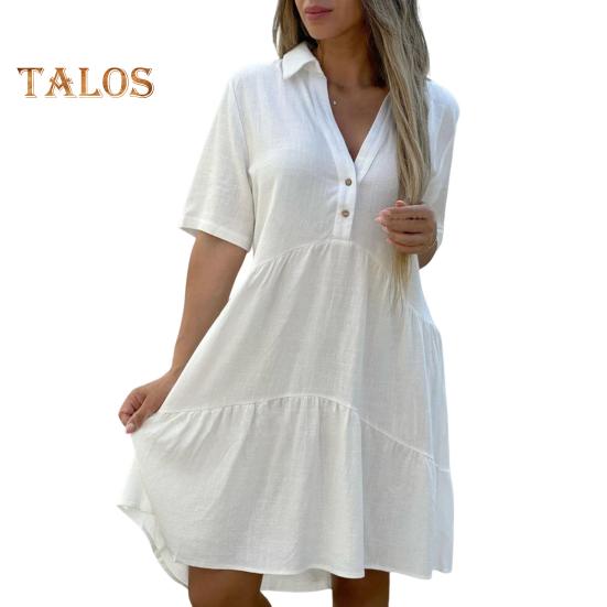 Sommerkleid für Damen, V-Ausschnitt, Revers, plissierter Patchwork-Saum, einfarbig, lockere A-Linie, große Schaukel, kurze Ärmel, knielang, Midikleid