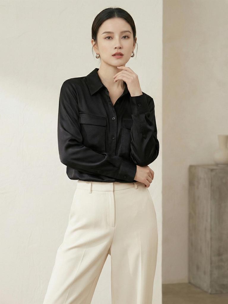 Women's Long Sleeve Heavyweight Mulberry Silk Square Neck Shirt - 2026 Spring Collection, White