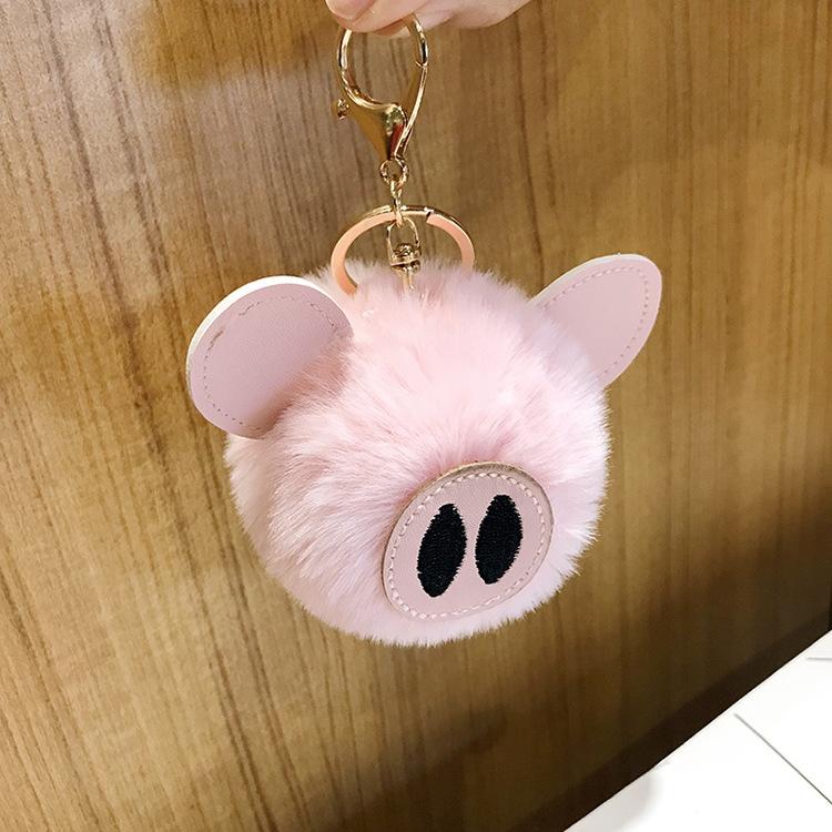 Rabbit Fur Ball PomPom Cute Pig Car Pendant Handbag Key Ring Chain 15cm