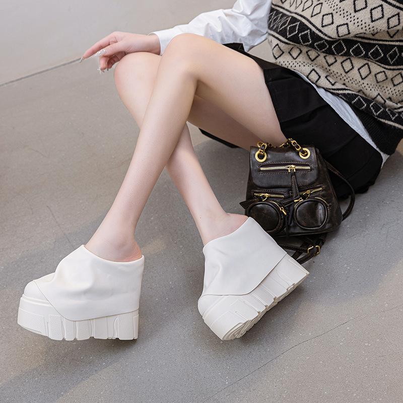 Fashion 14CM Ladies Summer Shoes Slip On Genuine Leather Fashion Women Wedge Slipper Platform Wedge Sandals Sandals