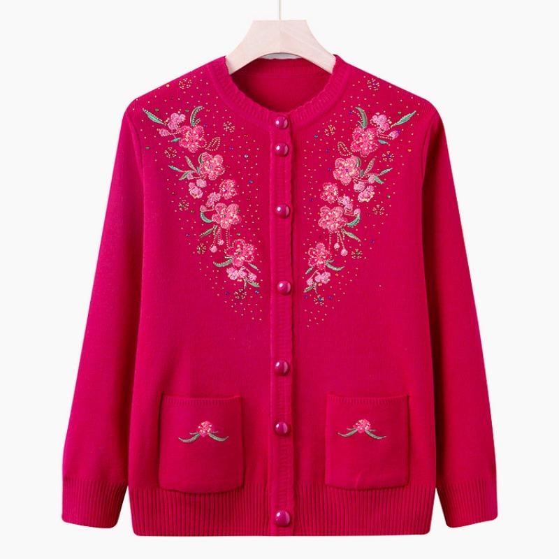 Middle-aged and old embroidered knitted sweater jacket grandma top cardigan long-sleeved sweater casual mom outfit old lady clothes